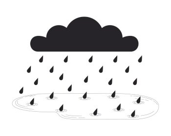 Rainy cloud falling raindrops black and white 2D line cartoon object. Storm bad weather downpour isolated vector outline item. Gloomy fall season. Autumn rainfall monochromatic flat spot illustration. Rainy cloud falling raindrops black and white 2D line cartoon object