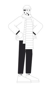 Winter outerwear caucasian man happy black and white 2D line cartoon character. Warm scarf european male hands on hips isolated vector outline person. Good time monochromatic flat spot illustration. Winter outerwear caucasian man happy black and white 2D line cartoon character