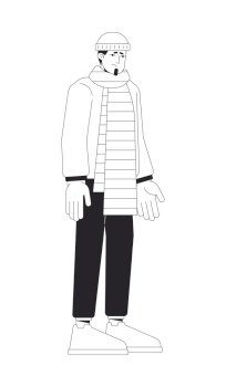 Winter blues sad caucasian man black and white 2D line cartoon character. Warm scarf tired male isolated vector outline person. Wintertime seasonal depressive monochromatic flat spot illustration. Winter blues sad caucasian man black and white 2D line cartoon character