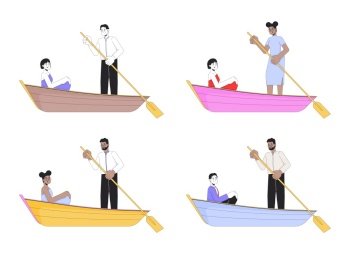 Diverse couples on gondola ride 2D linear cartoon characters set. Heterosexual, homosexual sweethearts isolated line vector people white background. Dating color flat spot illustrations collection. Diverse couples on gondola ride 2D linear cartoon characters set