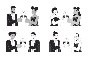 Diverse couples champagne clinking black and white 2D line cartoon characters set. Wineglasses toasting isolated vector outline people collection. Valentines day monochromatic flat spot illustrations. Diverse couples champagne clinking black and white 2D line cartoon characters set