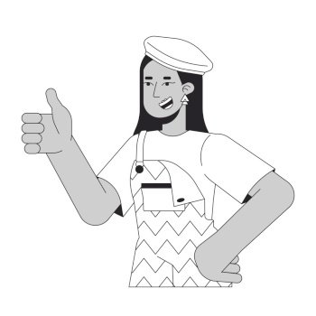 Arab funky girl showing thumb up black and white 2D line cartoon character. Young adult female wearing 80s retro outfit isolated vector outline person. Nostalgia monochromatic flat spot illustration. Arab funky girl showing thumb up black and white 2D line cartoon character