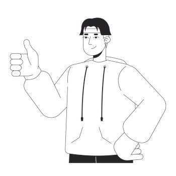 Retro inspired gen z man giving thump up black and white 2D line cartoon character. Handsome korean male showing support isolated vector outline person. Nostalgia monochromatic flat spot illustration. Retro inspired gen z man giving thump up black and white 2D line cartoon character