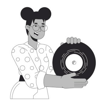 African american girl showing vinyl record black and white 2D line cartoon character. Gen z black woman retro music lover isolated vector outline person. Nostalgia monochromatic flat spot illustration. African american girl showing vinyl record black and white 2D line cartoon character
