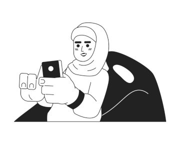 Relaxing hijab girl on beanbag chair black and white 2D cartoon character. Mobile phone using muslim young adult female isolated vector outline person. Leisure monochromatic flat spot illustration. Relaxing hijab girl on beanbag chair black and white 2D cartoon character