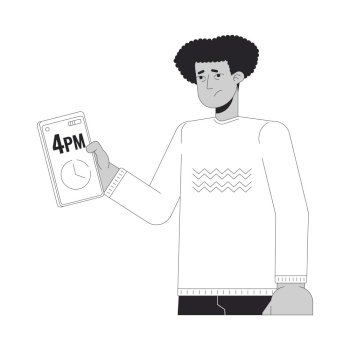 Tired hispanic man checking time on phone black and white 2D line cartoon character. Sleep deprived latin american guy isolated vector outline person. Exhausted monochromatic flat spot illustration. Tired hispanic man checking time on phone black and white 2D line cartoon character