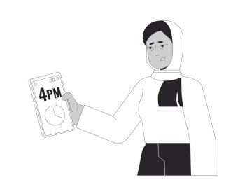 Exhausted hijab woman checking time on cellphone black and white 2D line cartoon character. Insomniac muslim female isolated vector outline person. Being late monochromatic flat spot illustration. Exhausted hijab woman checking time on cellphone black and white 2D line cartoon character