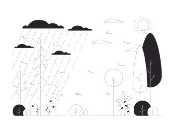 Nature seasons changing black and white cartoon flat illustration. Rainy bad weather transit to sunny day 2D lineart landscape isolated. Springtime winter monochrome scene vector outline image. Nature seasons changing black and white cartoon flat illustration