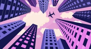 Plane flying over high rise buildings lofi wallpaper. Airplane skyscrapers below view 2D cartoon flat illustration. Aircraft megalopolis. Dreamy chill vector art, lo fi aesthetic colorful background. Plane flying over high rise buildings lofi wallpaper