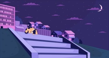 Sleeping dog on hillside stairs cityscape 2D cartoon background. Stray puppy resting stone steps colorful aesthetic vector illustration, nobody. Night town hill flat line wallpaper art, lofi image. Sleeping dog on hillside stairs cityscape 2D cartoon background