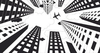 Plane flying over high rise buildings black and white lofi wallpaper. Airplane skyscrapers below view 2D outline cartoon flat illustration. Aircraft megalopolis. Dreamy vector line lo fi background. Plane flying over high rise buildings black and white lofi wallpaper