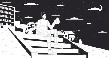 Relaxing with pet on hillside stairs at night black and white lofi wallpaper. Dog walking 2D outline cartoon flat illustration. Man drinking coffee on staircase. Dreamy vector line lo fi background. Relaxing with pet on hillside stairs at night black and white lofi wallpaper