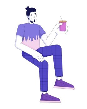 Smiling caucasian man chilling with drink 2D linear cartoon character. Relaxed guy holding cocktail cheers isolated line vector person white background. Funky carefree color flat spot illustration. Smiling caucasian man chilling with drink 2D linear cartoon character