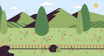 Railroad hill cartoon flat illustration. Railway hillside 2D line scenery colorful background. Countryside rail line. Summer outdoors. Sunny day grass mountains scene vector storytelling image. Railroad hill cartoon flat illustration