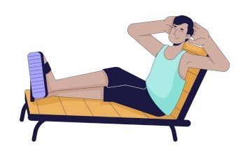 Indian man resting on 2D linear cartoon character. Happy south asian male at beach resort isolated line vector person white background. Long awaited vacation time color flat spot illustration. Indian man resting on deckchair 2D linear cartoon character