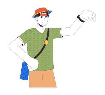 Tourist asian male wristwatch checking 2D linear cartoon character. Korean guy traveler isolated line vector person white background. Wristwatch time holiday maker color flat spot illustration. Tourist asian male wristwatch checking 2D linear cartoon character