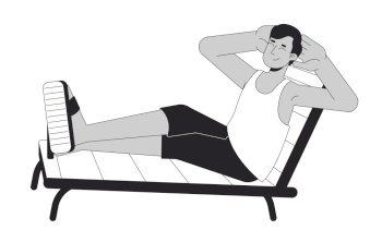 Indian man resting on black and white 2D line cartoon character. Happy south asian male at beach resort isolated vector outline person. Long awaited vacation time monochromatic flat spot illustration. Indian man resting on deckchair black and white 2D line cartoon character