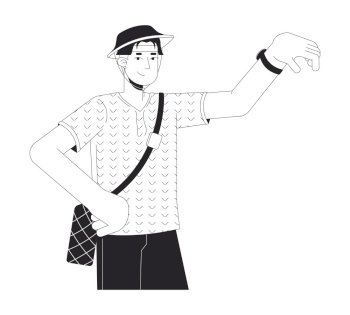 Tourist asian male wristwatch checking black and white 2D line cartoon character. Korean guy traveler isolated vector outline person. Wristwatch time holiday maker monochromatic flat spot illustration. Tourist asian male wristwatch checking black and white 2D line cartoon character