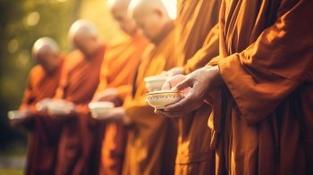 Reverent sustenance offerings to monks in alms-giving tradition.AI Generated