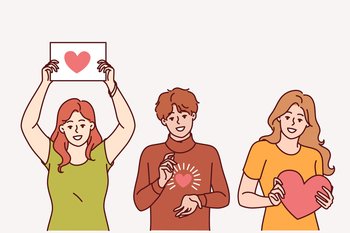 Hearts in people hands showing symbol gratitude and charity, calling for people to become volunteers. Guy and two teenage girls are participating in charity event or wishing you happy valentine day. Hearts in people hands showing symbol gratitude and charity, calling for people to become volunteers
