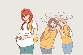 Pregnant teenage woman, victim of bullying, stands near judgmental classmates with backpacks. Pregnant schoolgirl needs help from child psychologist or switching to home schooling.. Pregnant teenage woman, victim of bullying, stands near judgmental classmates with backpacks