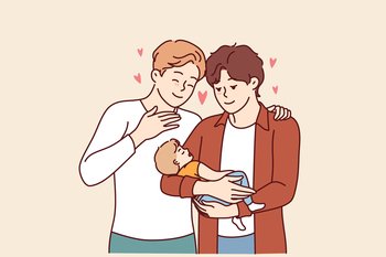 Gay couple of two men holds child in hands and smiles, rejoicing at presence of law giving right to adopt children. Gay family admires sleeping baby, for concept of parenthood for LGBT people. Gay couple holds child in hands and smiles, rejoicing at presence law giving right to adopt children