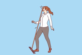 Business woman steps on rake and gets hit on head, demonstrating popular folk wisdom. Stupid girl manager gets injured walking on rake and not wanting to look at feet to avoid career failures. Business woman steps on rake and gets hit on head, demonstrating popular folk wisdom