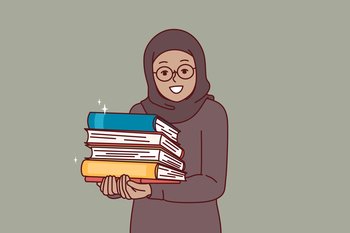 Arab little girl in hijab holds religious books with prayers in hands and looks at screen with smile. Arab child studying in religious school and reading textbooks to learn more about islamic religion. Arab little girl in hijab holds religious books with prayers in hands and looks at screen with smile
