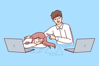 High school student boy sits at table with smile pointing at sleeping classmate girl in need of rest. Sleeping business woman is tired due to overload, located in office with cheerful male colleague. High school student boy sits at table with smile pointing at sleeping classmate in need of rest