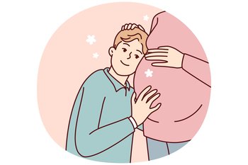 Boy teenager lean against belly of pregnant mother listens to heartbeat of unborn child. Loving son hugs mom in anticipation of appearance of younger brother or sister. Flat vector illustration. Boy teenager lean against belly of pregnant mother listens to heartbeat unborn child. Vector image