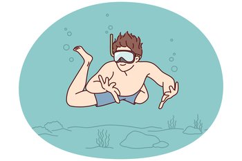 Man diver swims underwater enjoy exploring ocean floor with rocks and algae. Guy in swimming trunks and diving mask spends summer vacation at sea doing underwater tourism. Flat vector illustration. Man diver with smile swims underwater enjoy exploring ocean floor with rocks and algae. Vector image