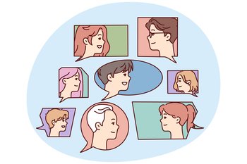Faces men and women in speech bubbles symbolize public discussion or expression of diverse opinions. Guys and girls participate in brainstorming or mass survey among young people. Flat vector design. Faces of men and women in speech bubbles symbolize public discussion or brainstorming. Vector image
