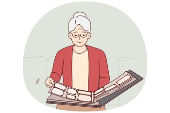 Elderly woman flips through family photo album, remembering student years or fun trips with friends. Grey-haired grandmother sitting alone on couch looking at photos from past. Flat vector design. Elderly woman flips through family photo album, remembering student years or fun trips. Vector image