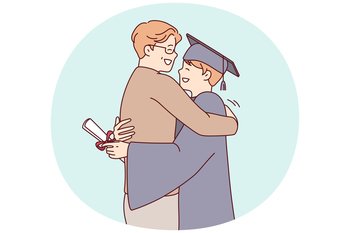 Young guy university graduate in academic robe hugs father after receiving diploma of higher education. Proud man with son during ceremony to mark end of college year. Flat vector illustration. Young guy university graduate in academic robe hugs father after receiving diploma. Vector image