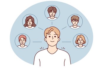Young guy thinks about college friends and wants to meet or have party together. Faces of boys and girls of high school students near student with smile remembering classmates. Flat vector image. Young guy thinks about college friends and wants to meet or have party together. Vector image