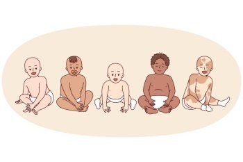 Preschool children of different races and nationalities sit side by side and look at screen. Diverse babies in diapers to advertise products for kids and young mothers. Flat vector illustration. Diverse babies in diapers of different races and nationalities sit side by side. Vector image