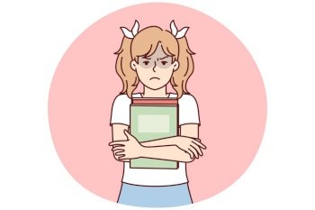 Girl with textbooks is upset because of bad grades at school or lack of friends among classmates. Schoolgirl with pigtails stands clutching books to chest and looking at camera. Flat vector image. Schoolgirl with pigtails stands clutching books to chest and looking at camera. Vector image