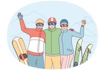 Company of friends at ski resort waving their hands posing on winter vacation. Three tourist people in ski goggles stand with snowy peaks after skiing or snowboarding. Flat vector illustration. Company of friends at ski resort waving their hands posing on winter vacation. Vector image
