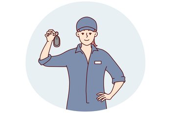 Woman in janitor clothing demonstrates what she found while cleaning in business center. Girl working at car wash shows key to automobili after providing body cleaning services. Flat vector design. Woman working at car wash shows key to car after providing body cleaning services. Vector image