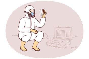 Specialist in chemical protection suit takes sample of earth for further study on analytical harmful substances. Man in respirator examines biohazard samples found on street. Flat vector illustration. Specialist in chemical protection suit takes sample of earth for further study. Vector image