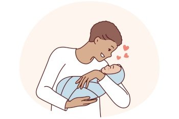 Loving man holds baby in arms and smiles enjoy communication with own son. Young positive father with short hair is happy to see newborn tot wrapped in blanket. Flat vector illustration. Loving man holds newborn baby in arms and smiles enjoy communication with own son. Vector image