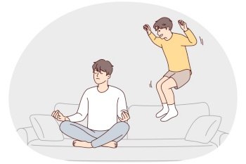 Restrained man sitting cross-legged doing yoga ignoring younger brother jumping on couch. Teenage boy frolic wanting to distract father from meditation and draw attention to himself. Flat vector image. Restrained man sits cross-legged doing yoga ignoring younger brother jumping on sofa. Vector image