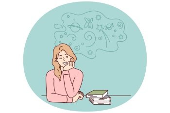 Carefree woman sitting at table with books resting chin on hand is distracted from preparing for exams. Student girl procrastinates and dreams during extracurricular work. Flat vector design. Woman sitting at table with books resting chin on hand procrastinates and dreams. Vector image