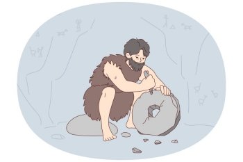 Ancient man with beard who lives in cave uses stone tool to create wheel. Neanderthal man in cloak made of animal skin invents primitive devices for grinding grain. Flat vector illustration. Ancient man with beard who lives in cave uses stone tool to create wheel. Vector image