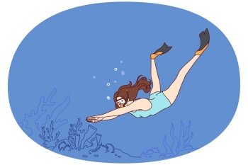 Woman diver swims underwater enjoying beauty of ocean floor covered with algae. Girl in oxygen mask and fins enjoys vacation in tropical sea being carried away by swimming. Flat vector illustration. Woman diver swims underwater enjoying beauty of ocean floor covered with algae. Vector image