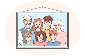 Family photo portrait in frame with teenage children and gray-haired grandparents hangs on wall. Parents and three kids smile to capture happy moments during Sunday get together. Flat vector design. Family photo portrait in frame with children and gray-haired grandparents on wall. Vector image