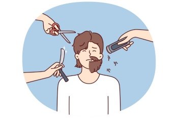 Hands with scissors and shaving devices around man with partially trimmed beard. Half-shaven guy is embarrassed about not wanting haircut or badly chosen barbershop. Hands with scissors and shaving devices around man with partially trimmed beard