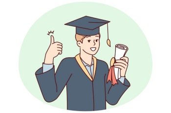 Graduate guy in academic gown and hat holds bundle with diploma and shows thumbs up. University student rejoices in getting quality education in good educational institution. Graduate guy in academic gown and hat holds bundle with diploma and shows thumbs up