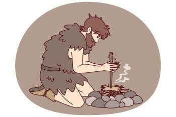 Primitive man on knees near stones for first time breeds bonfire using stick and friction force. Ancient human homo sapiens with beard dressed in skin animal learn to make fire. Primitive man on knees for first time breeds bonfire using stick and friction force