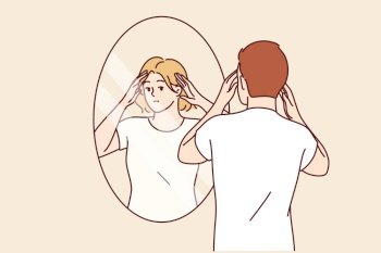 Man identifies himself as woman by looking in mirror and seeing girl in reflection, for concept of tolerance for LGBTq. Gender identification of person causing censure due to lack of tolerance. Man identifies himself as woman by looking in mirror and seeing girl in reflection